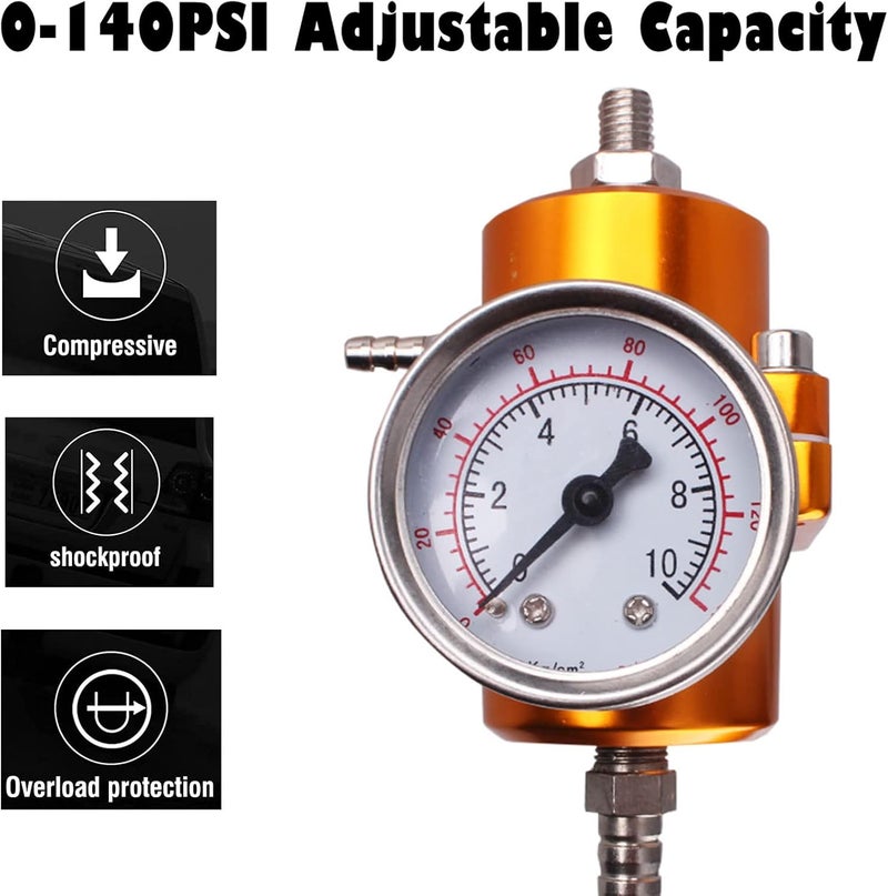 BARTOO Universal Adjustable Fuel Pressure Regulator Kit, Aluminum Fuel Regulator, Adjustable Gas Oil Injection Pressure Regulator with 0-140 PSI Gauge -Gold - Image 3